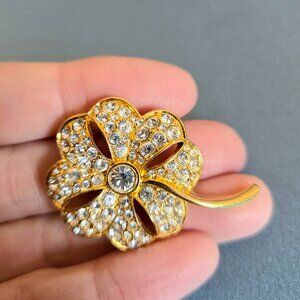 Swarovski gold tone and clear rhinestones floral brooch. Flower brooch.